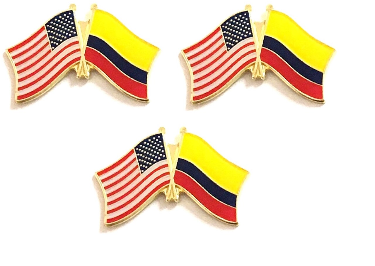 Box of 3 Colombia & US Crossed Flag Lapel Pins, Country & American Double Friendship Tie & Hat Pin Badges
